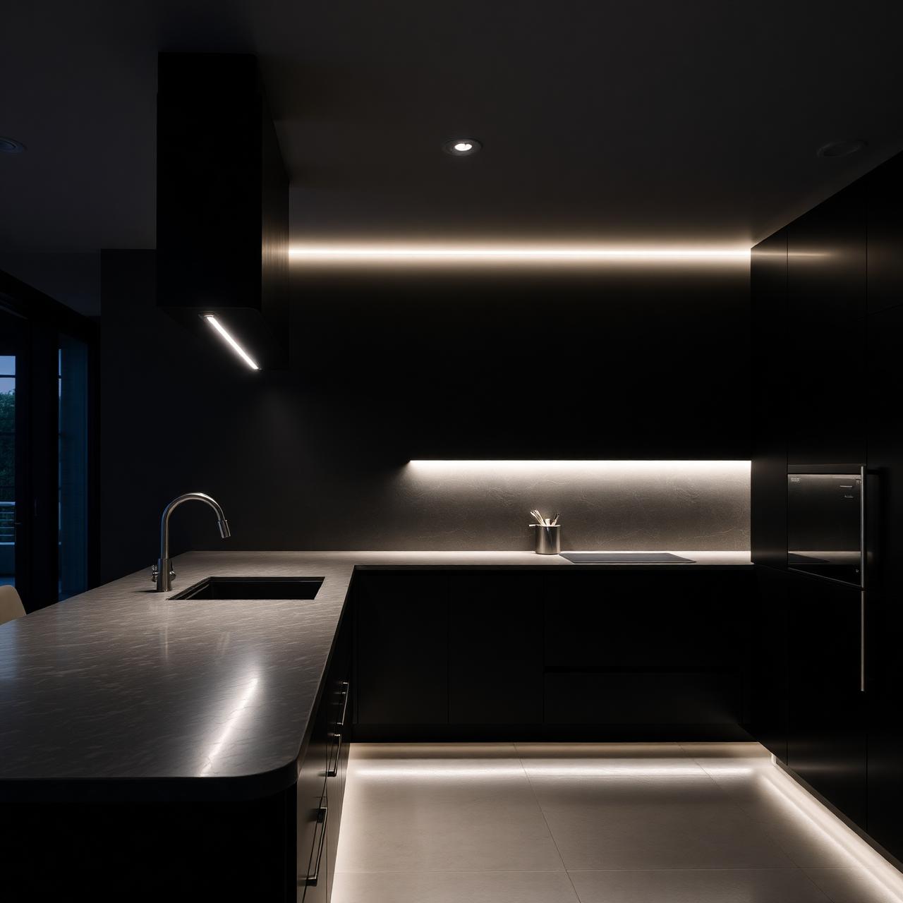 Under-cabinet lighting in a high-end kitchen