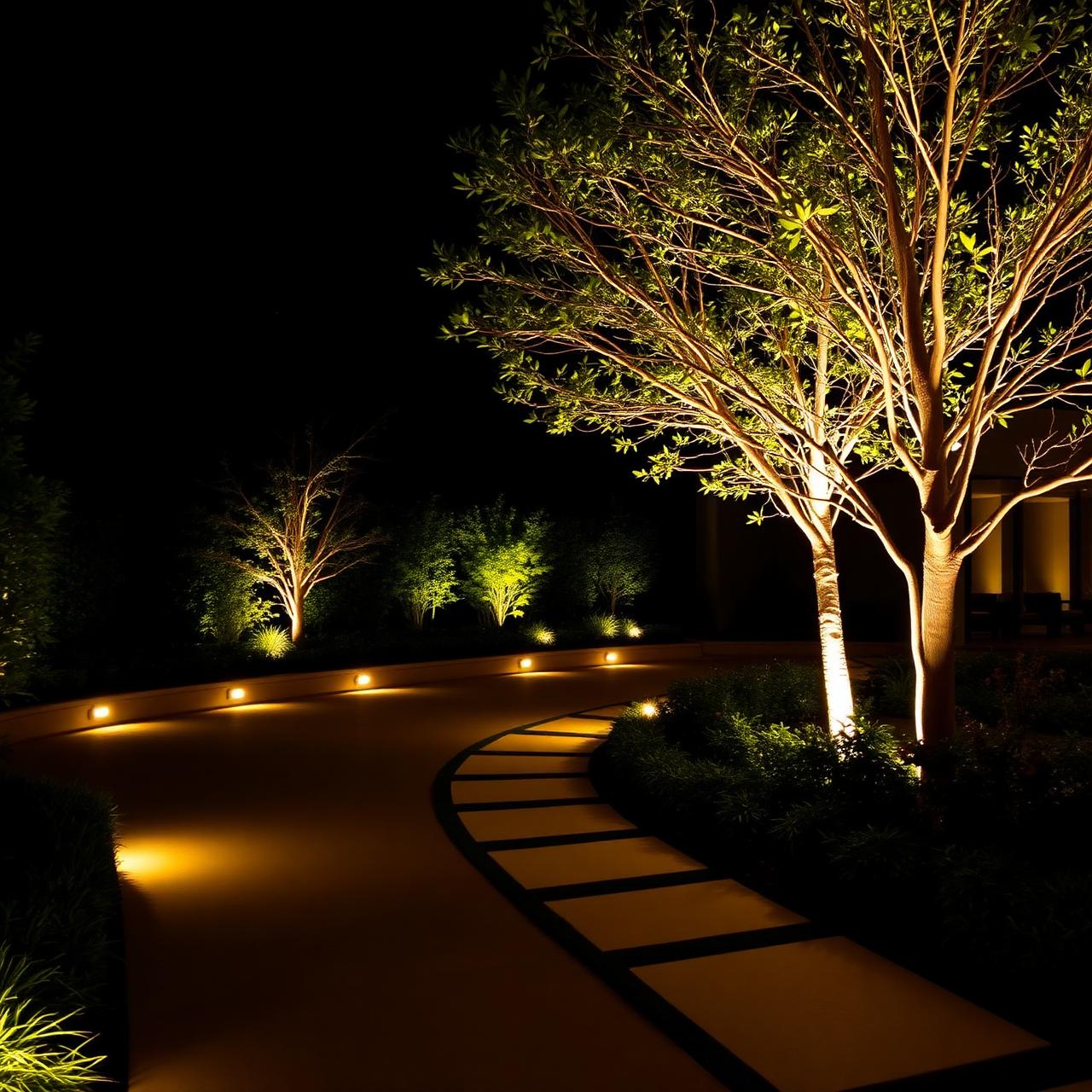 Outdoor landscape lighting on a garden terrace
